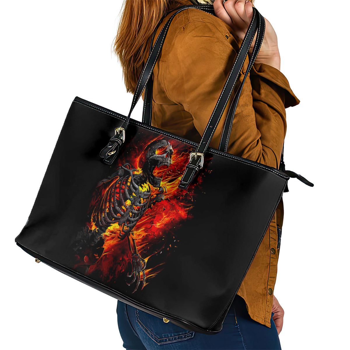 Fire Skull Leather Tote Bag Dead Fire Skeleton Scream DT01