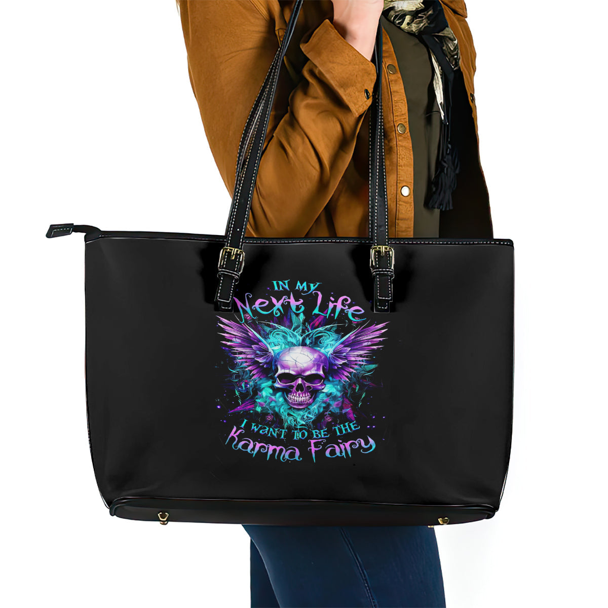 Wings Skull Leather Tote Bag Want To Be Karma Fairy Rose Skull DT01