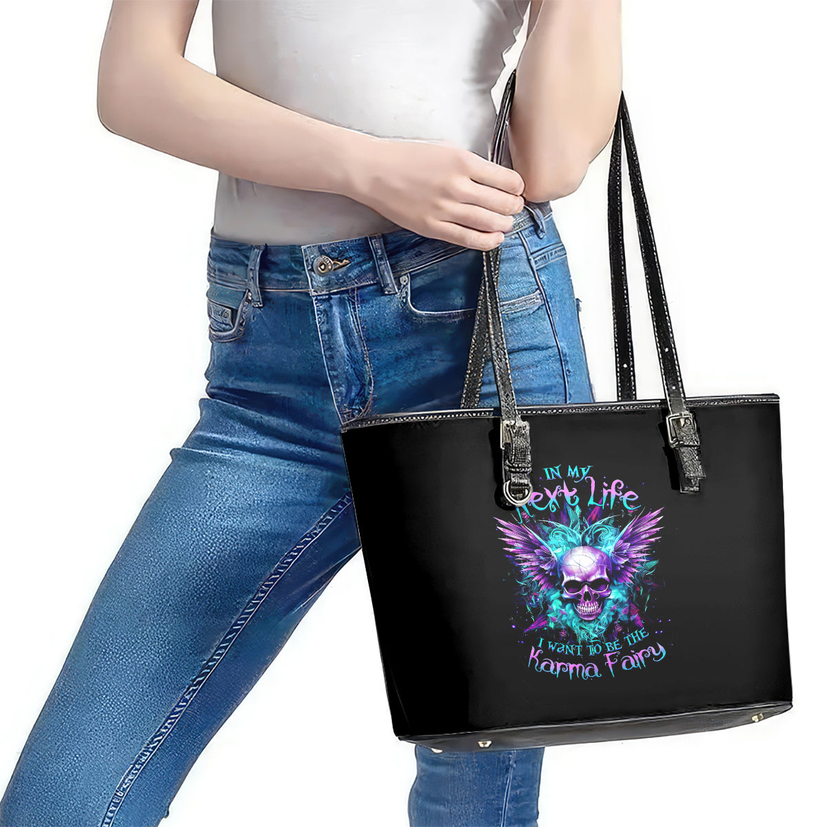 Wings Skull Leather Tote Bag Want To Be Karma Fairy Rose Skull DT01