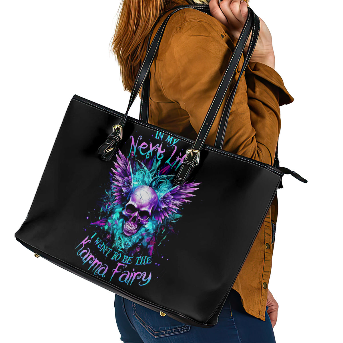 Wings Skull Leather Tote Bag Want To Be Karma Fairy Rose Skull DT01
