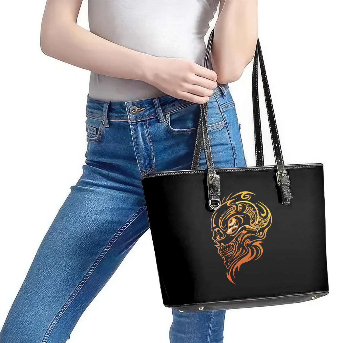 Tattoo Skull Leather Tote Bag Golden Skull Face Tattoo DT01
