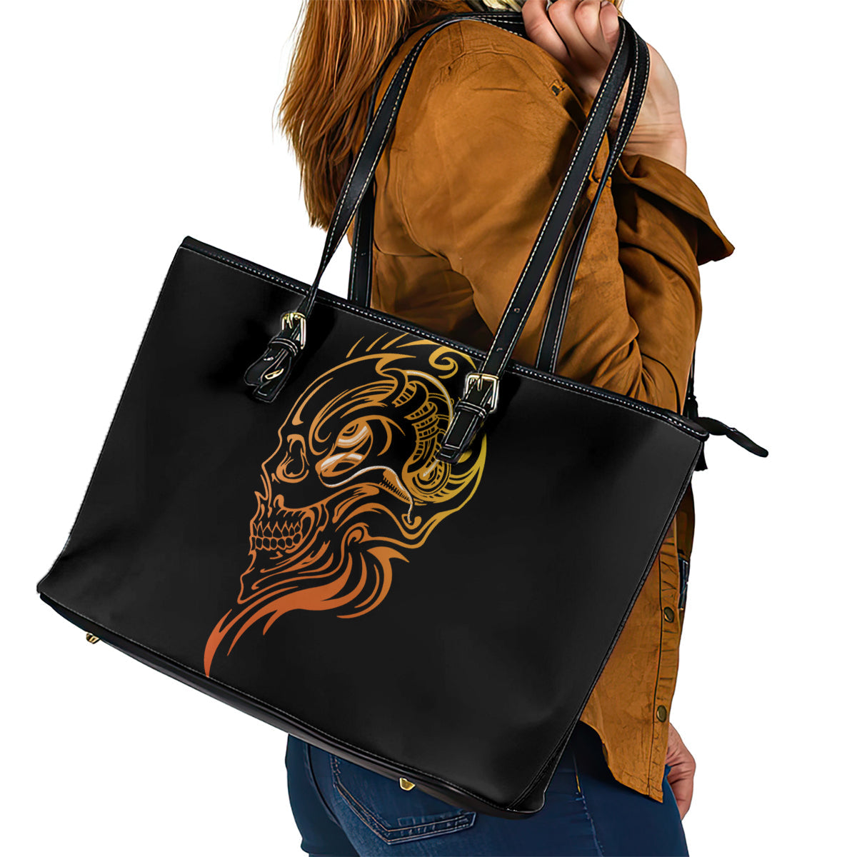 Tattoo Skull Leather Tote Bag Golden Skull Face Tattoo DT01