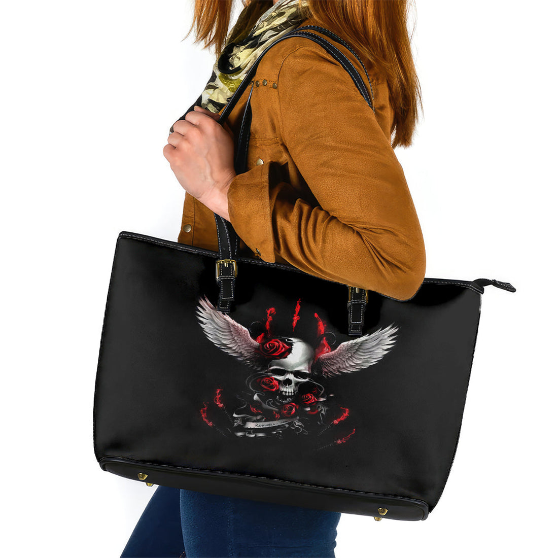 Wings Rose Skull Leather Tote Bag Romantic Rose Skull Wings DT01