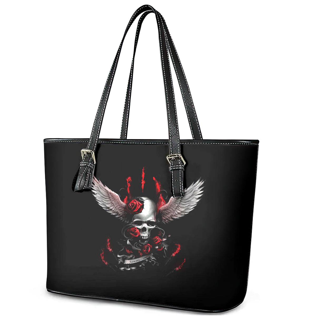 Wings Rose Skull Leather Tote Bag Romantic Rose Skull Wings DT01