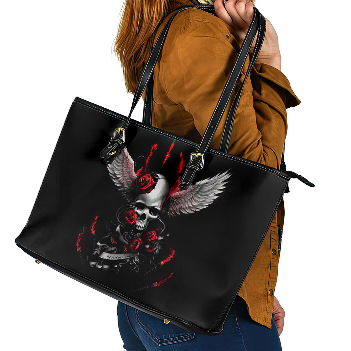 Wings Rose Skull Leather Tote Bag Romantic Rose Skull Wings DT01