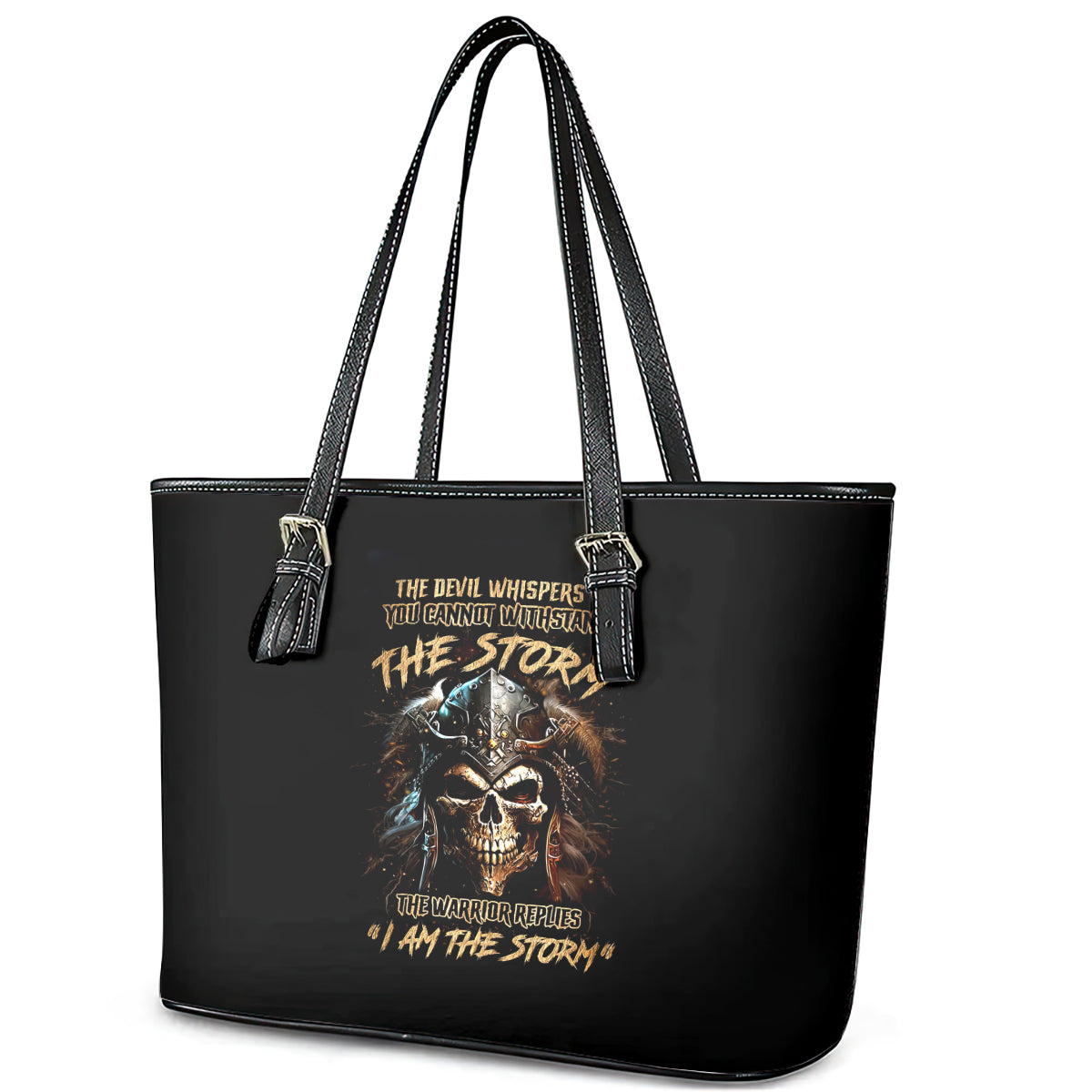 Warrior Skull Leather Tote Bag The Warrior Replies Iam The Storm DT01