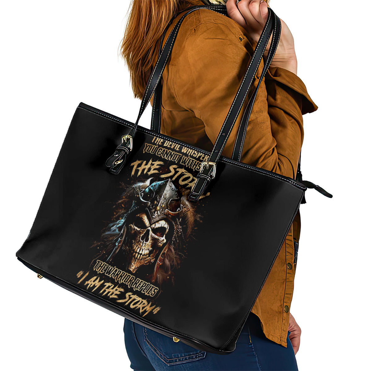 Warrior Skull Leather Tote Bag The Warrior Replies Iam The Storm DT01