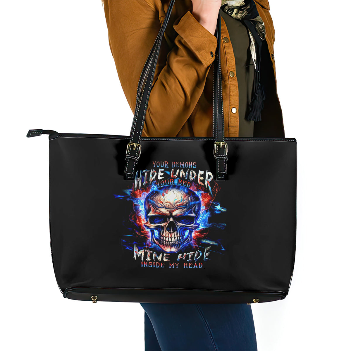 Fire Skull Leather Tote Bag Your Demon Hide Under Your Bed DT01