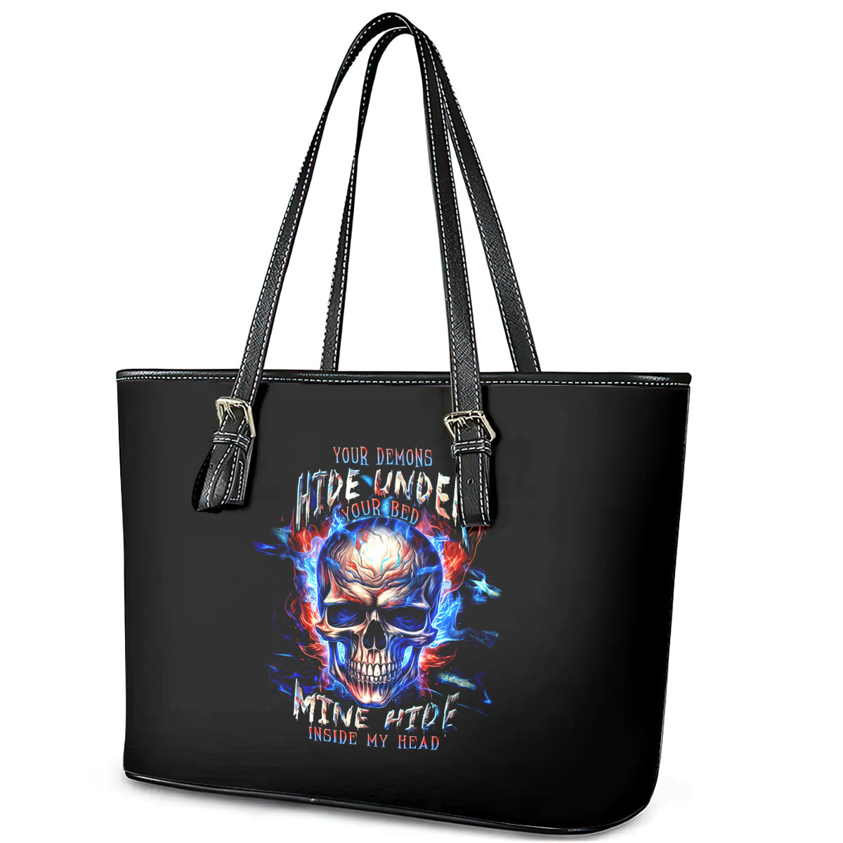 Fire Skull Leather Tote Bag Your Demon Hide Under Your Bed DT01