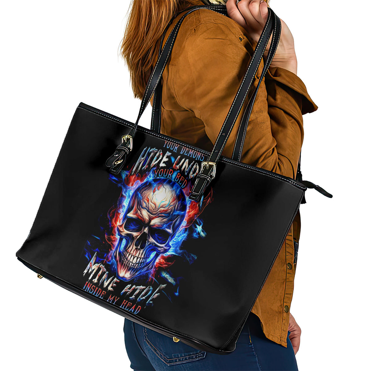 Fire Skull Leather Tote Bag Your Demon Hide Under Your Bed DT01