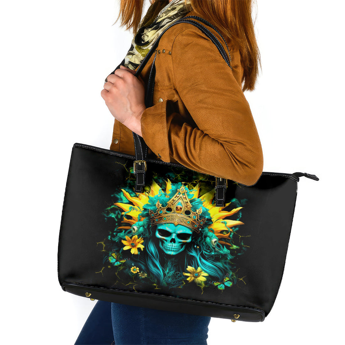 Sunflower Skull Leather Tote Bag Bitch I'm Not A Princess I'm The Fucking Queen DT01