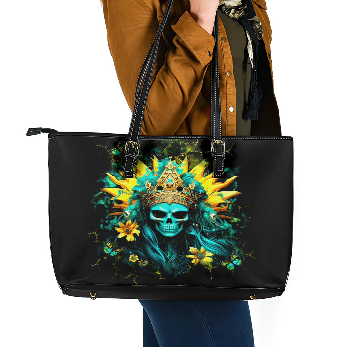 Sunflower Skull Leather Tote Bag Bitch I'm Not A Princess I'm The Fucking Queen DT01