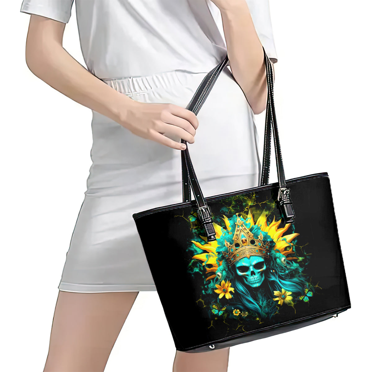 Sunflower Skull Leather Tote Bag Bitch I'm Not A Princess I'm The Fucking Queen DT01