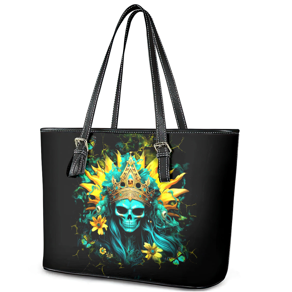 Sunflower Skull Leather Tote Bag Bitch I'm Not A Princess I'm The Fucking Queen DT01