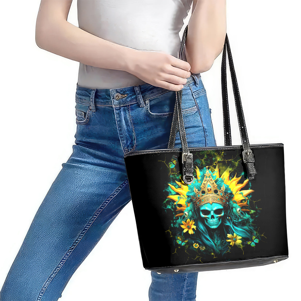 Sunflower Skull Leather Tote Bag Bitch I'm Not A Princess I'm The Fucking Queen DT01