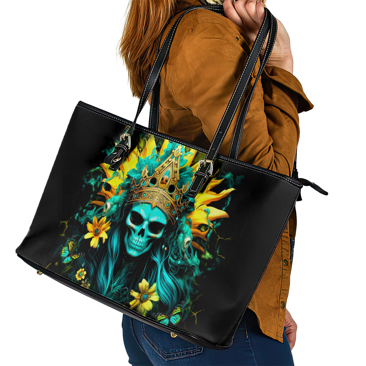 Sunflower Skull Leather Tote Bag Bitch I'm Not A Princess I'm The Fucking Queen DT01