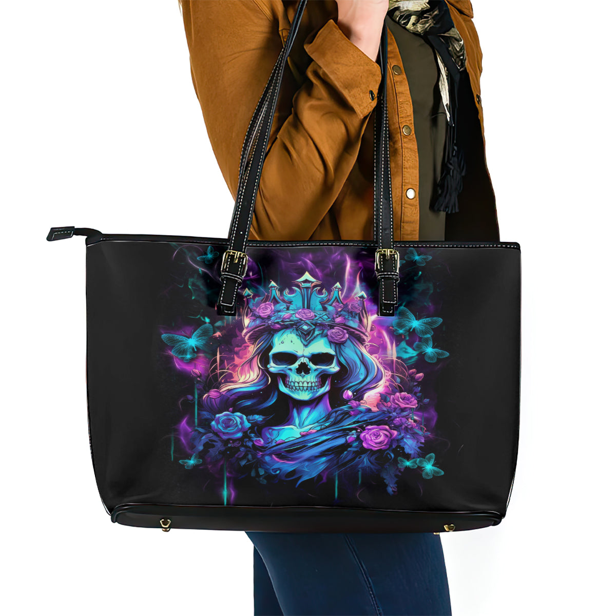 Rose Skull Leather Tote Bag Bitch I'm Not A Princess I'm The Fucking Queen DT01
