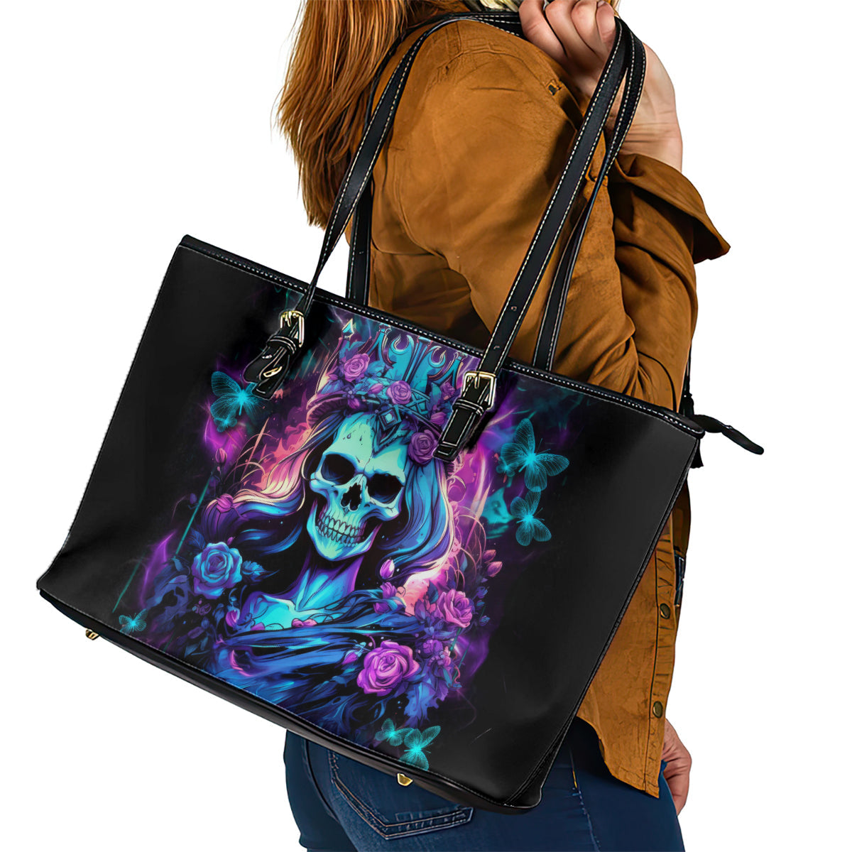 Rose Skull Leather Tote Bag Bitch I'm Not A Princess I'm The Fucking Queen DT01