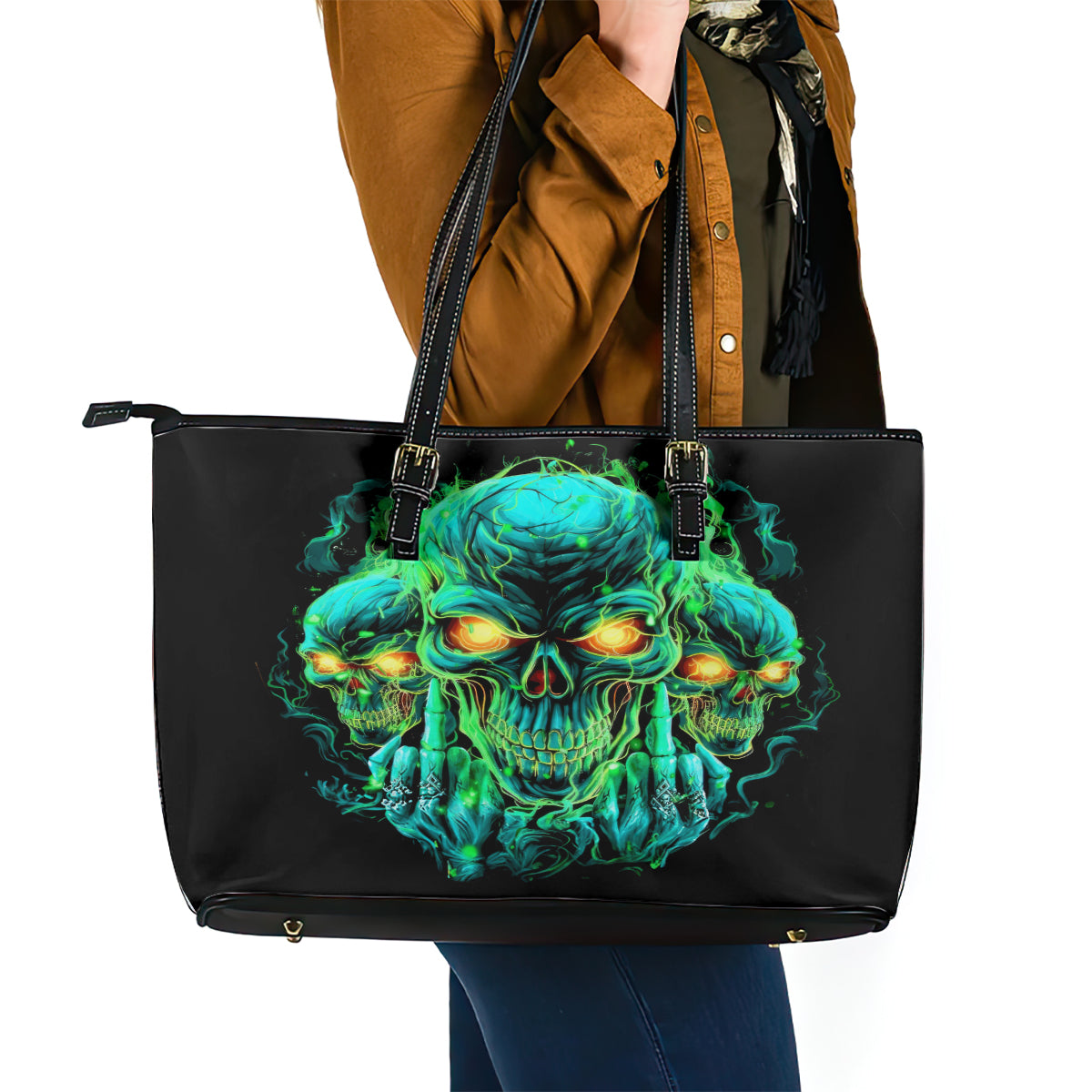 Flame Skull Leather Tote Bag Fuck You You Fuckin Fuck DT01