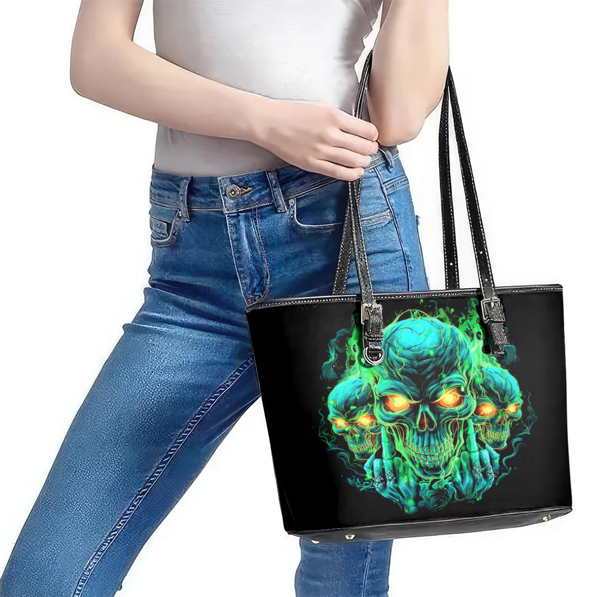 Flame Skull Leather Tote Bag Fuck You You Fuckin Fuck DT01