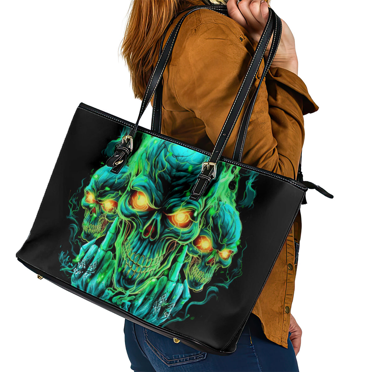 Flame Skull Leather Tote Bag Fuck You You Fuckin Fuck DT01
