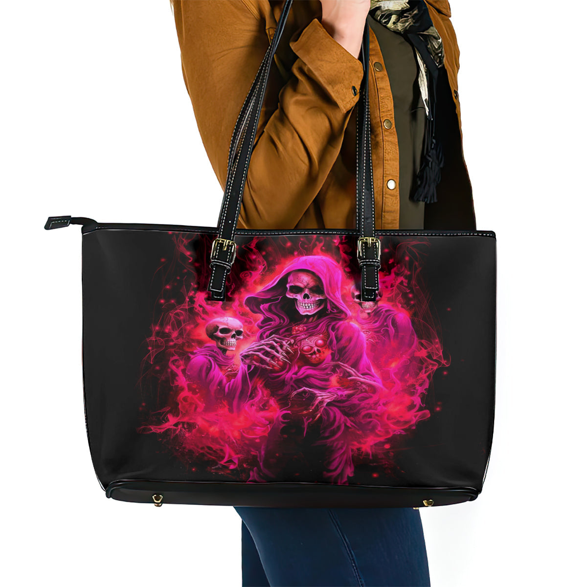 Flame Skull Leather Tote Bag I Have 3 Sides Quite Sweet Funny Crazy And The Side You Never See DT01