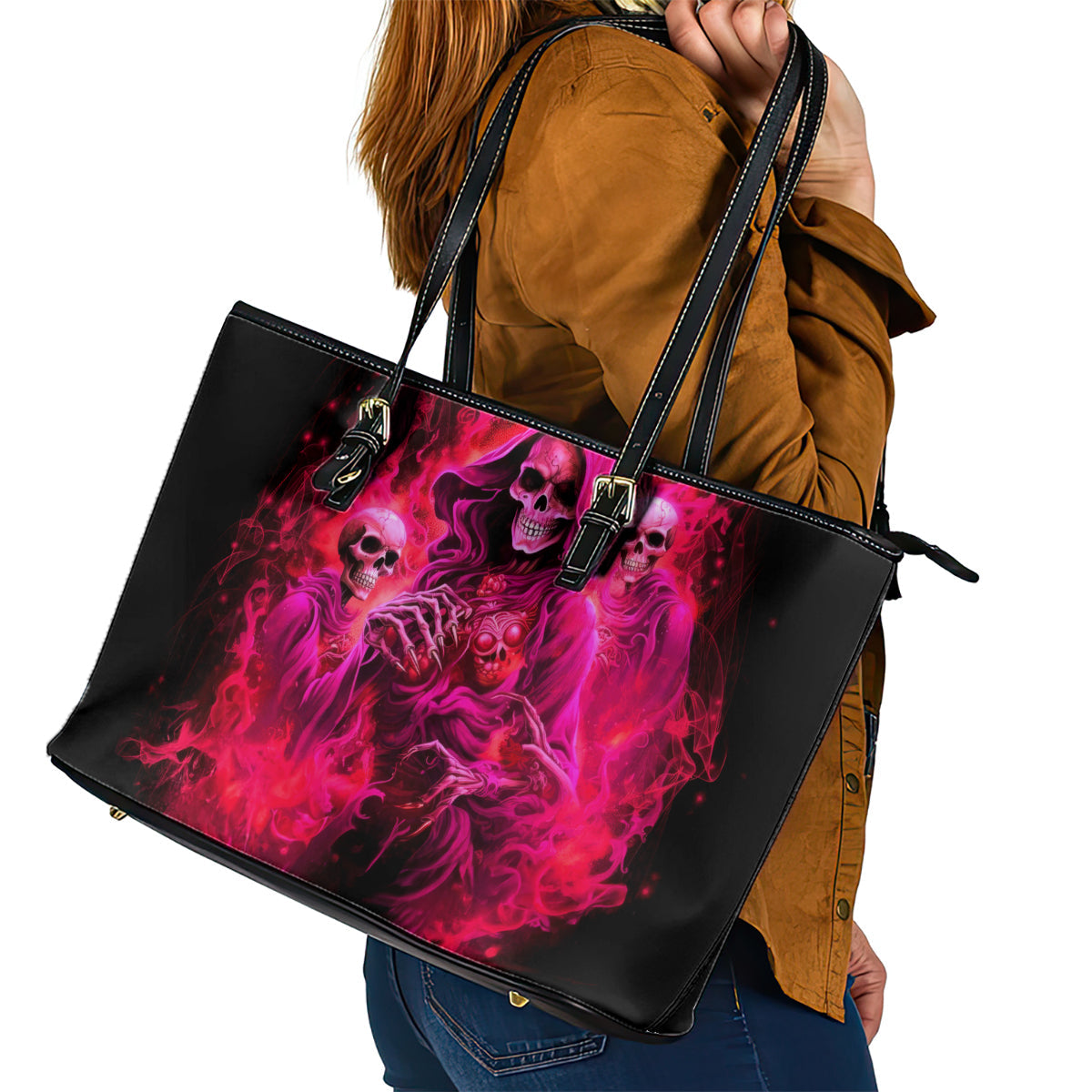 Flame Skull Leather Tote Bag I Have 3 Sides Quite Sweet Funny Crazy And The Side You Never See DT01