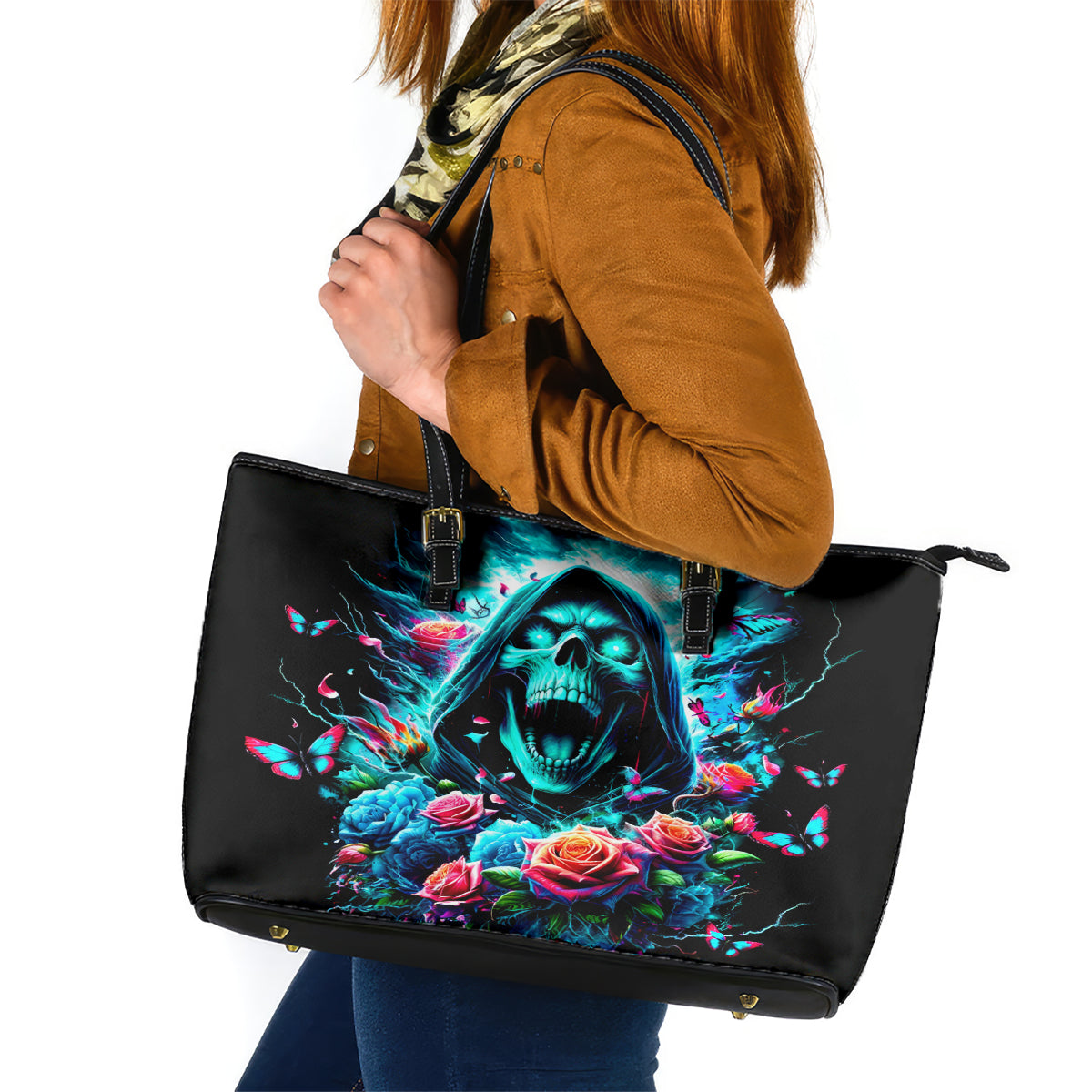 Rose Skull Leather Tote Bag She Whispered Back Iam The Storm DT01