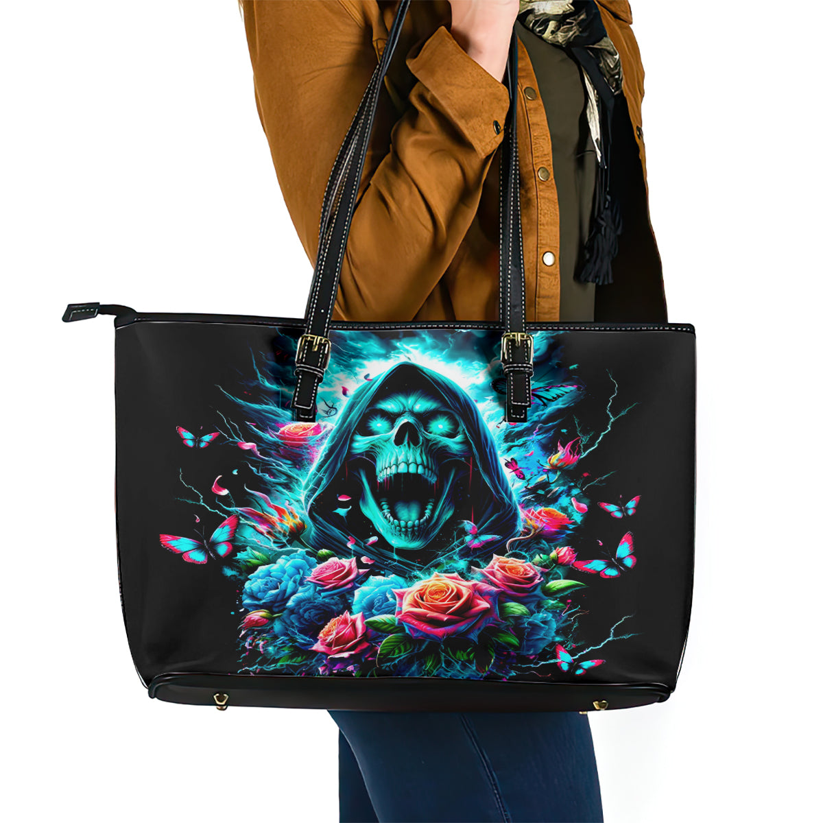 Rose Skull Leather Tote Bag She Whispered Back Iam The Storm DT01