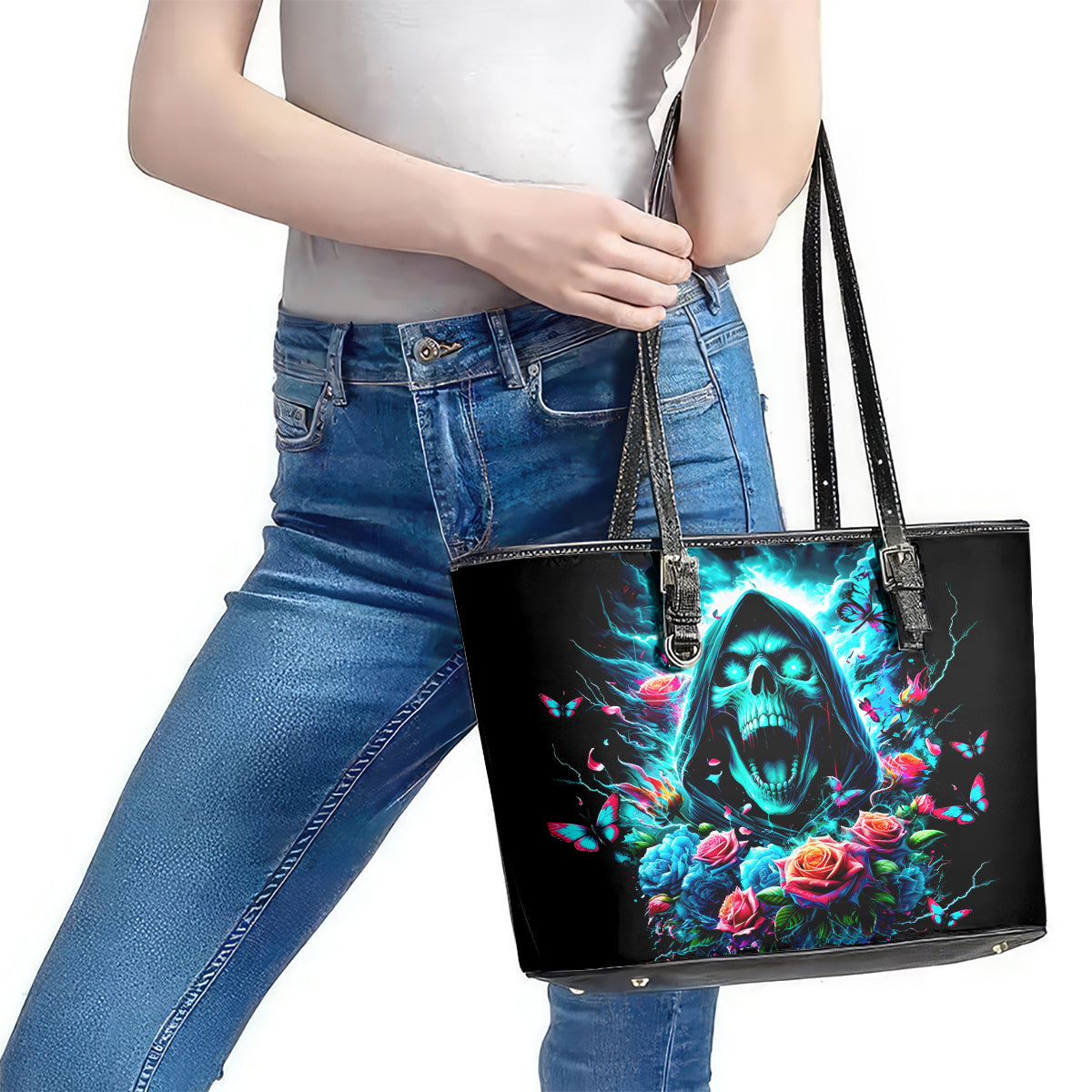 Rose Skull Leather Tote Bag She Whispered Back Iam The Storm DT01