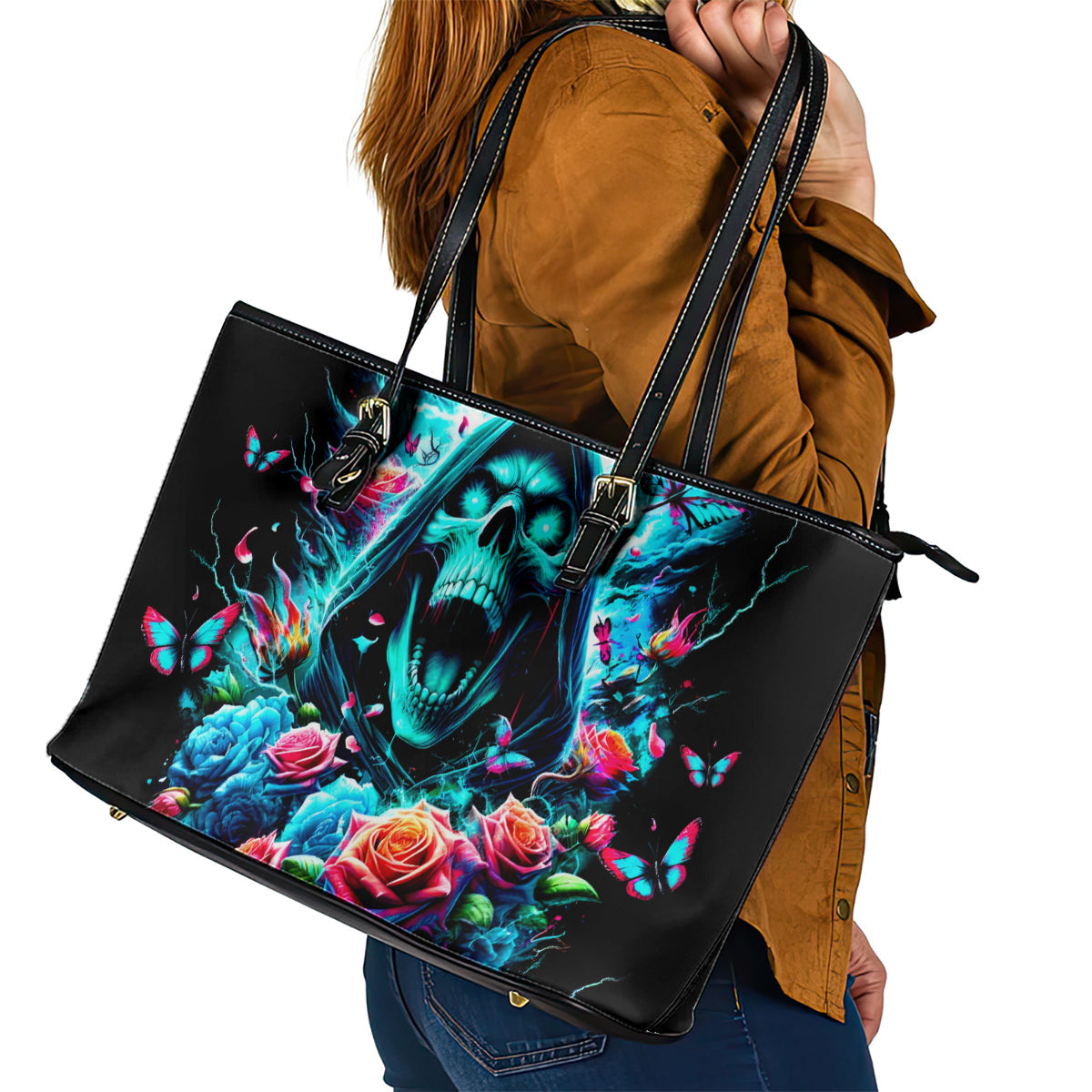 Rose Skull Leather Tote Bag She Whispered Back Iam The Storm DT01