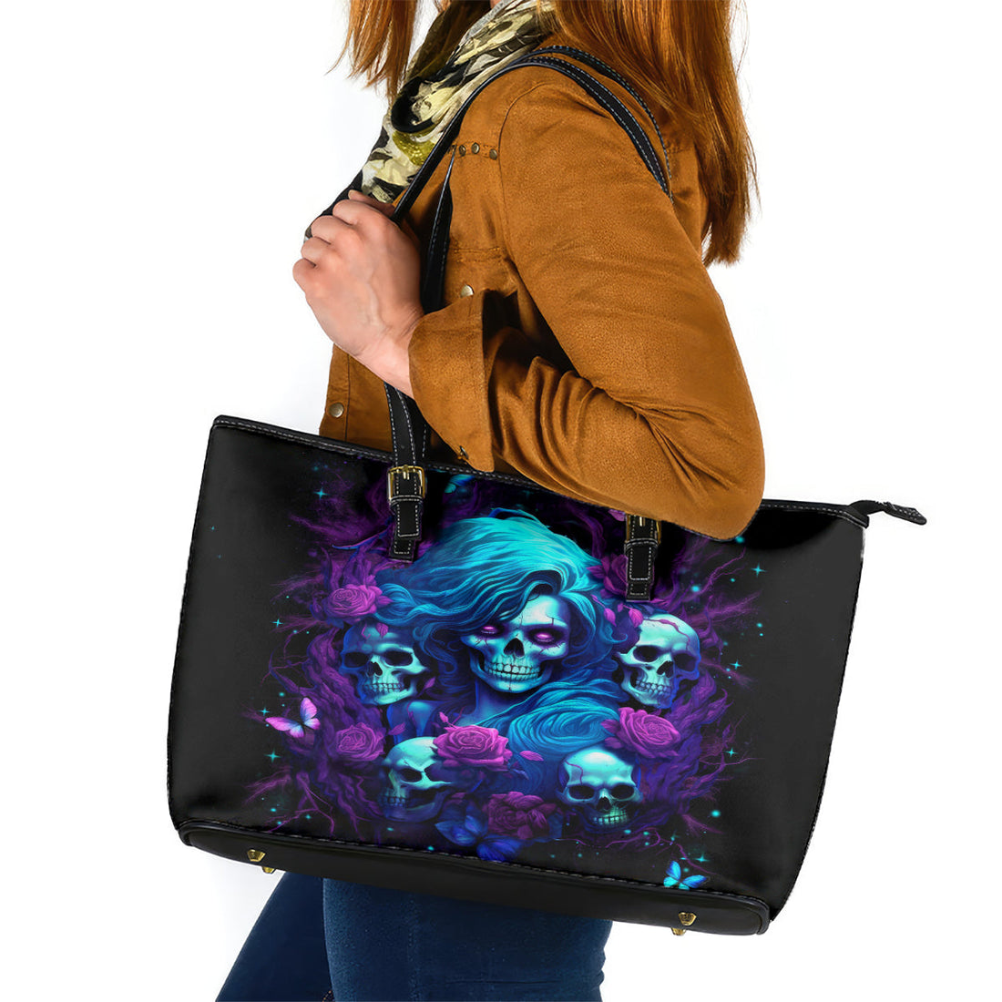 Rose Skull Leather Tote Bag I'm Never Alone My Demon Are With Me 24/7 DT01