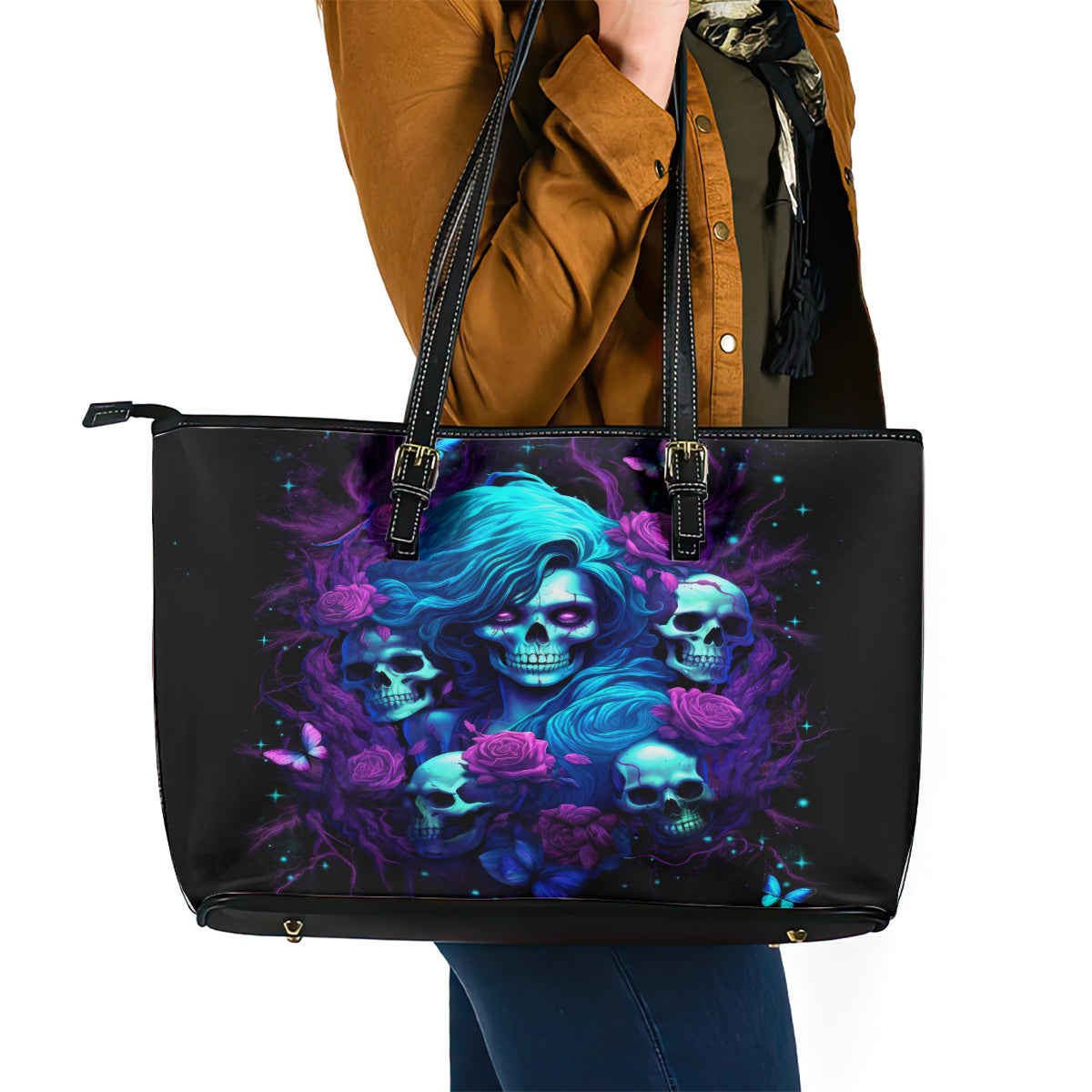 Rose Skull Leather Tote Bag I'm Never Alone My Demon Are With Me 24/7 DT01