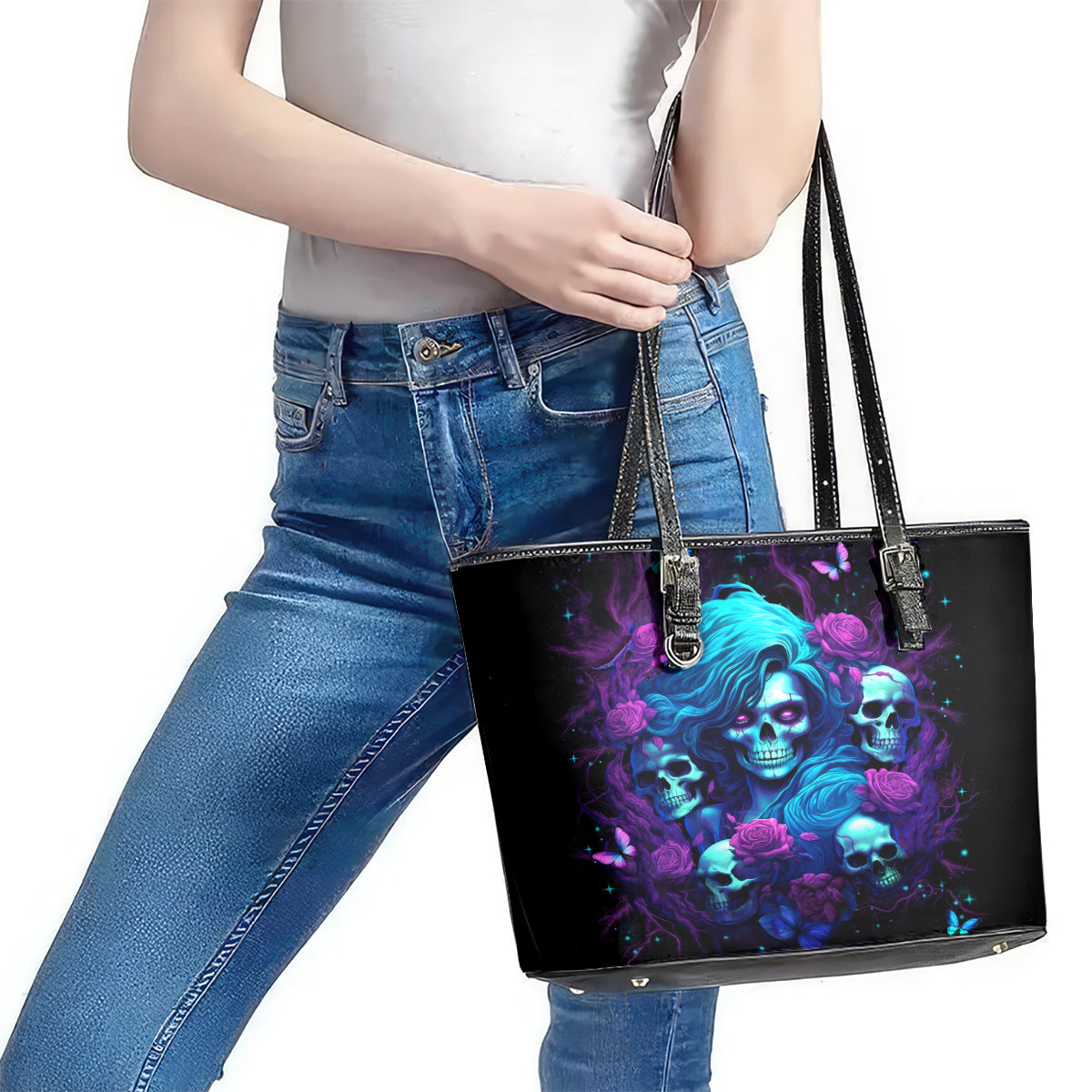 Rose Skull Leather Tote Bag I'm Never Alone My Demon Are With Me 24/7 DT01