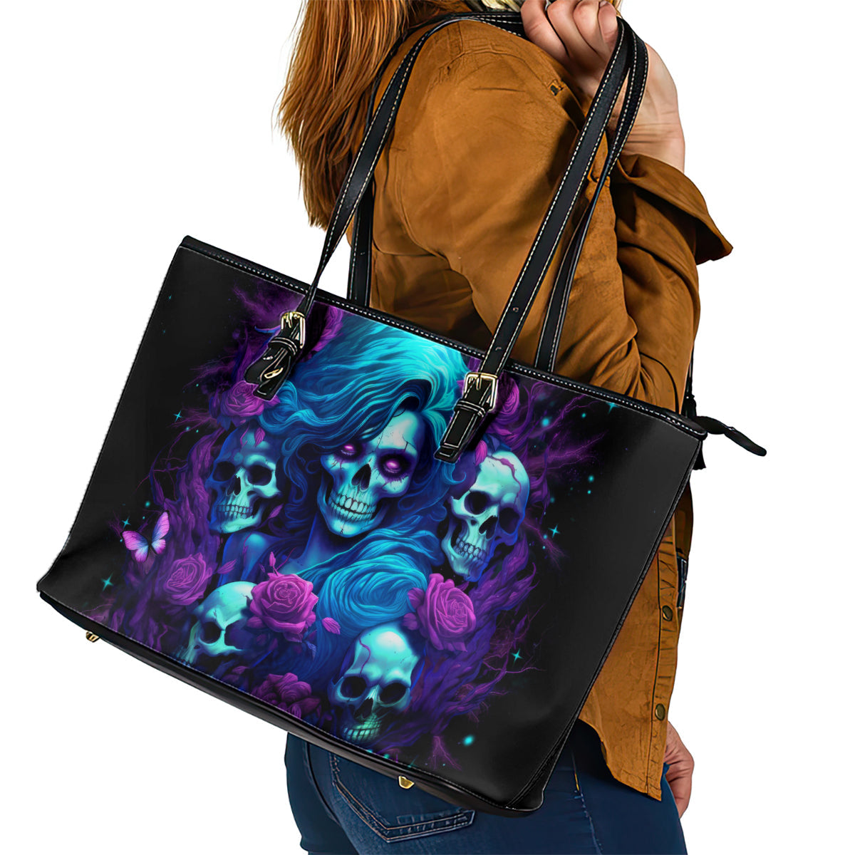 Rose Skull Leather Tote Bag I'm Never Alone My Demon Are With Me 24/7 DT01