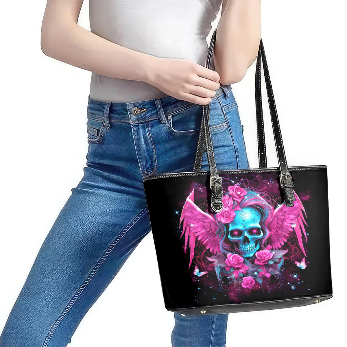 Skull Lady Leather Tote Bag In My Next Life I Want To Be The Karma Fairy DT01