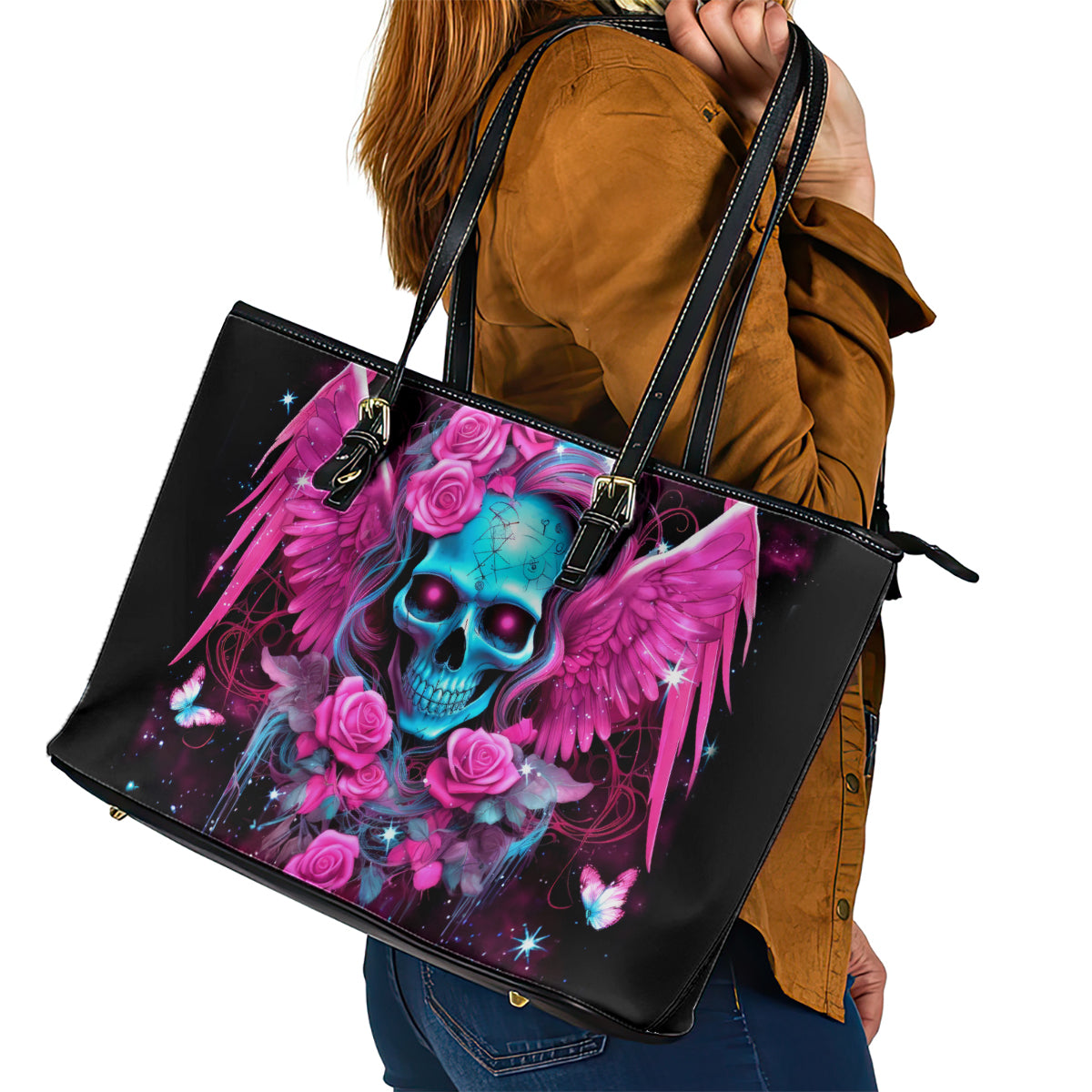 Skull Lady Leather Tote Bag In My Next Life I Want To Be The Karma Fairy DT01