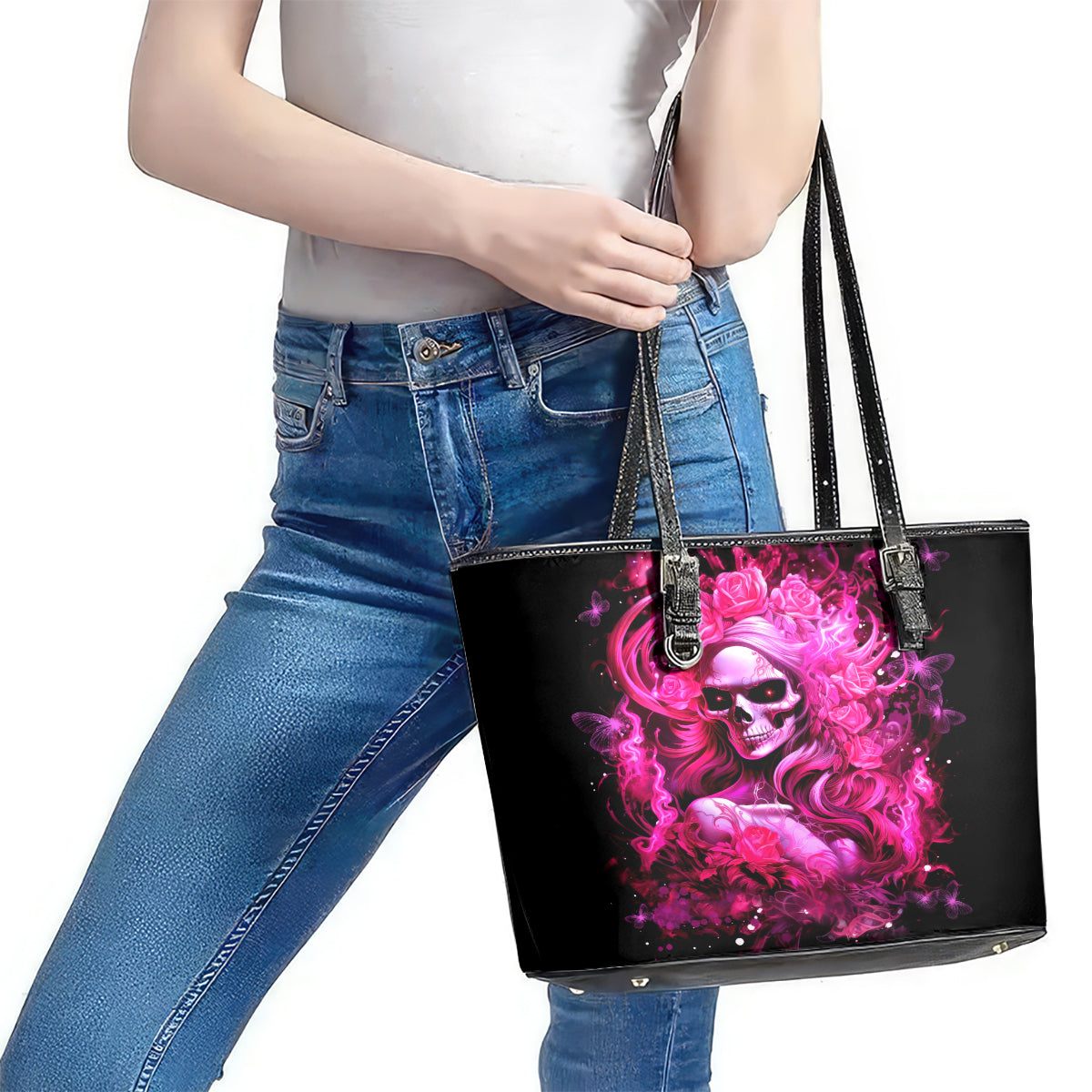 Skull Lady Leather Tote Bag Look Hot Be Cold DT01