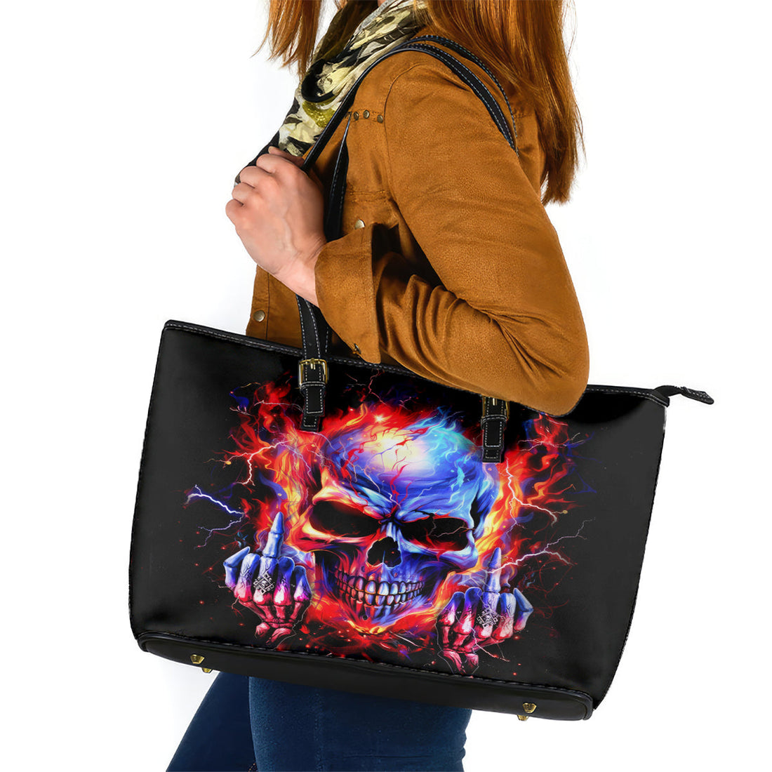 Flame Skull Leather Tote Bag My Give A Fuck Is Broken But My Go Fuck Yourself Is Fully Functional DT01
