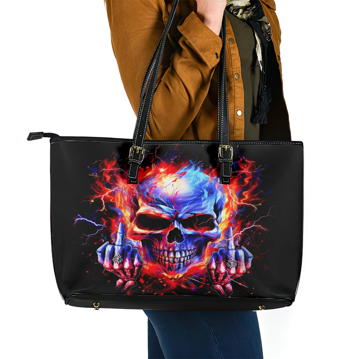 Flame Skull Leather Tote Bag My Give A Fuck Is Broken But My Go Fuck Yourself Is Fully Functional DT01