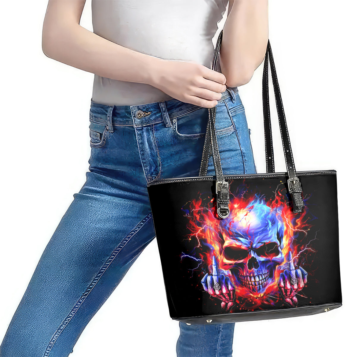 Flame Skull Leather Tote Bag My Give A Fuck Is Broken But My Go Fuck Yourself Is Fully Functional DT01