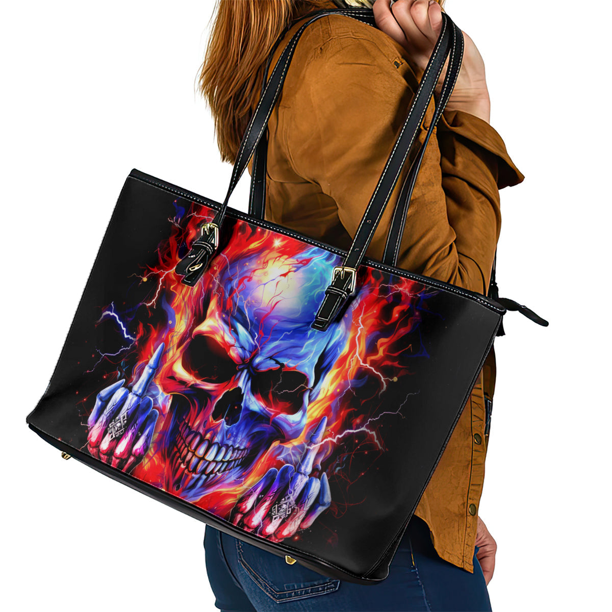 Flame Skull Leather Tote Bag My Give A Fuck Is Broken But My Go Fuck Yourself Is Fully Functional DT01