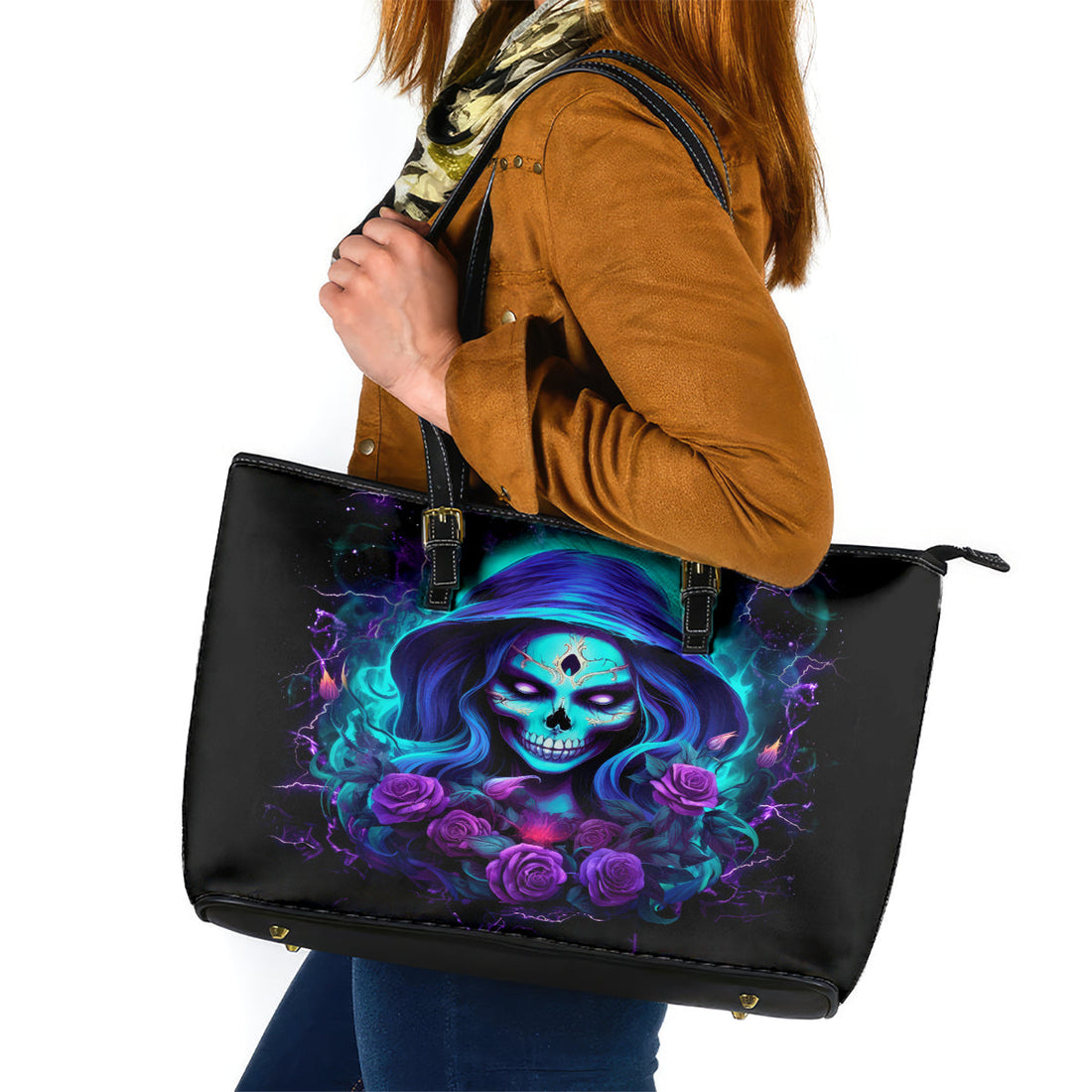 Skull Lady Leather Tote Bag Rose Skull She Whispered Back Iam The Storm DT01