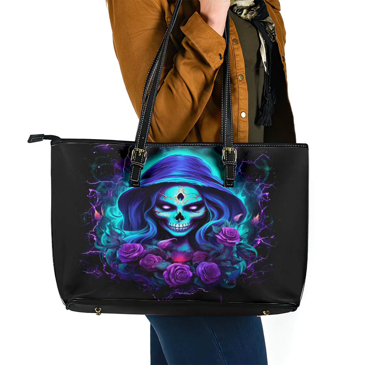 Skull Lady Leather Tote Bag Rose Skull She Whispered Back Iam The Storm DT01