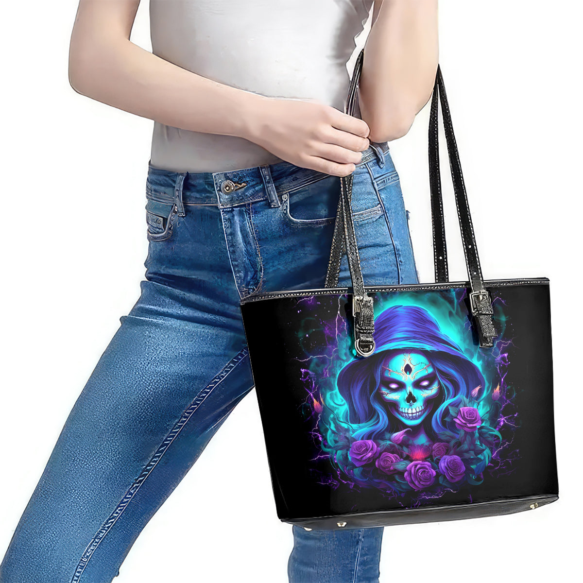 Skull Lady Leather Tote Bag Rose Skull She Whispered Back Iam The Storm DT01
