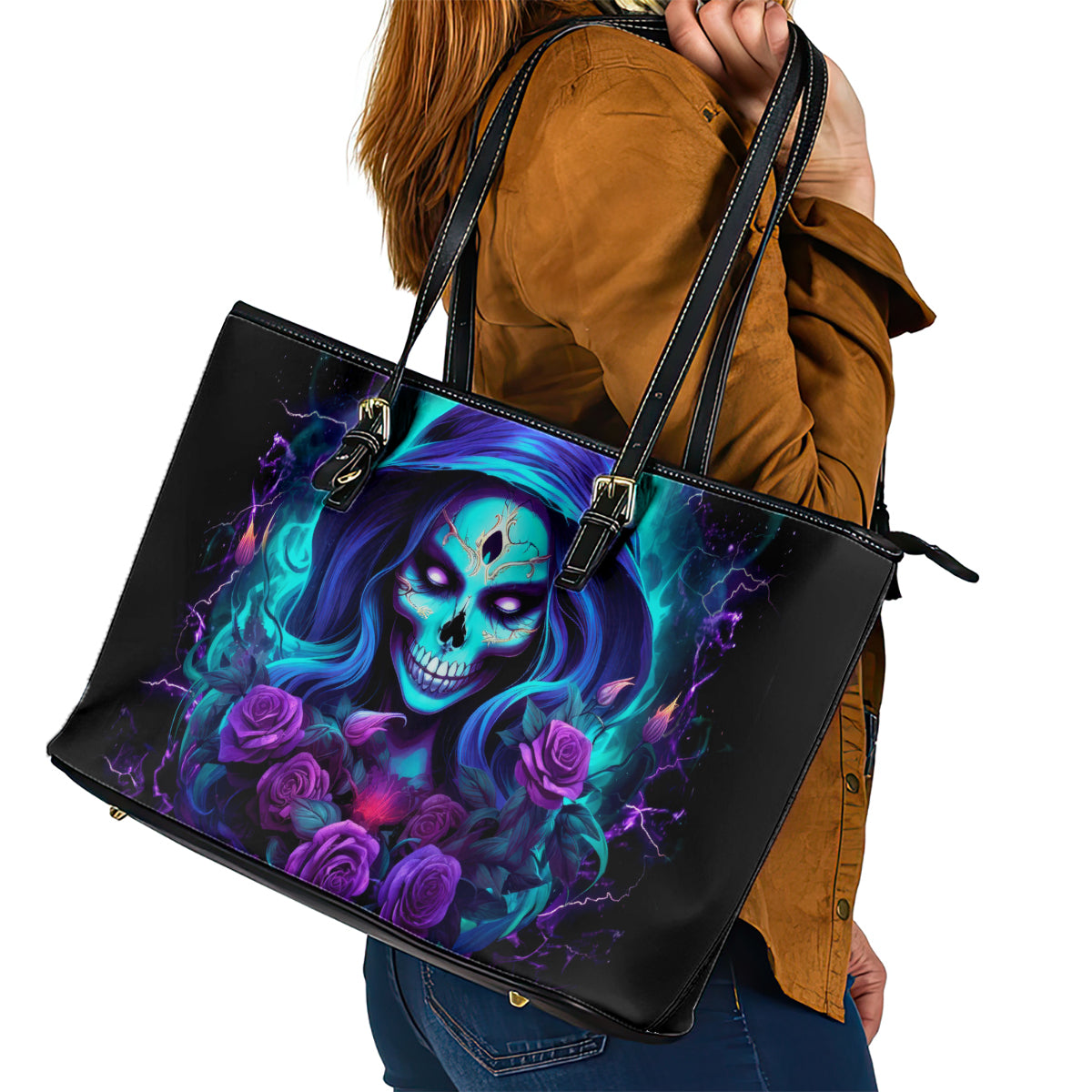 Skull Lady Leather Tote Bag Rose Skull She Whispered Back Iam The Storm DT01