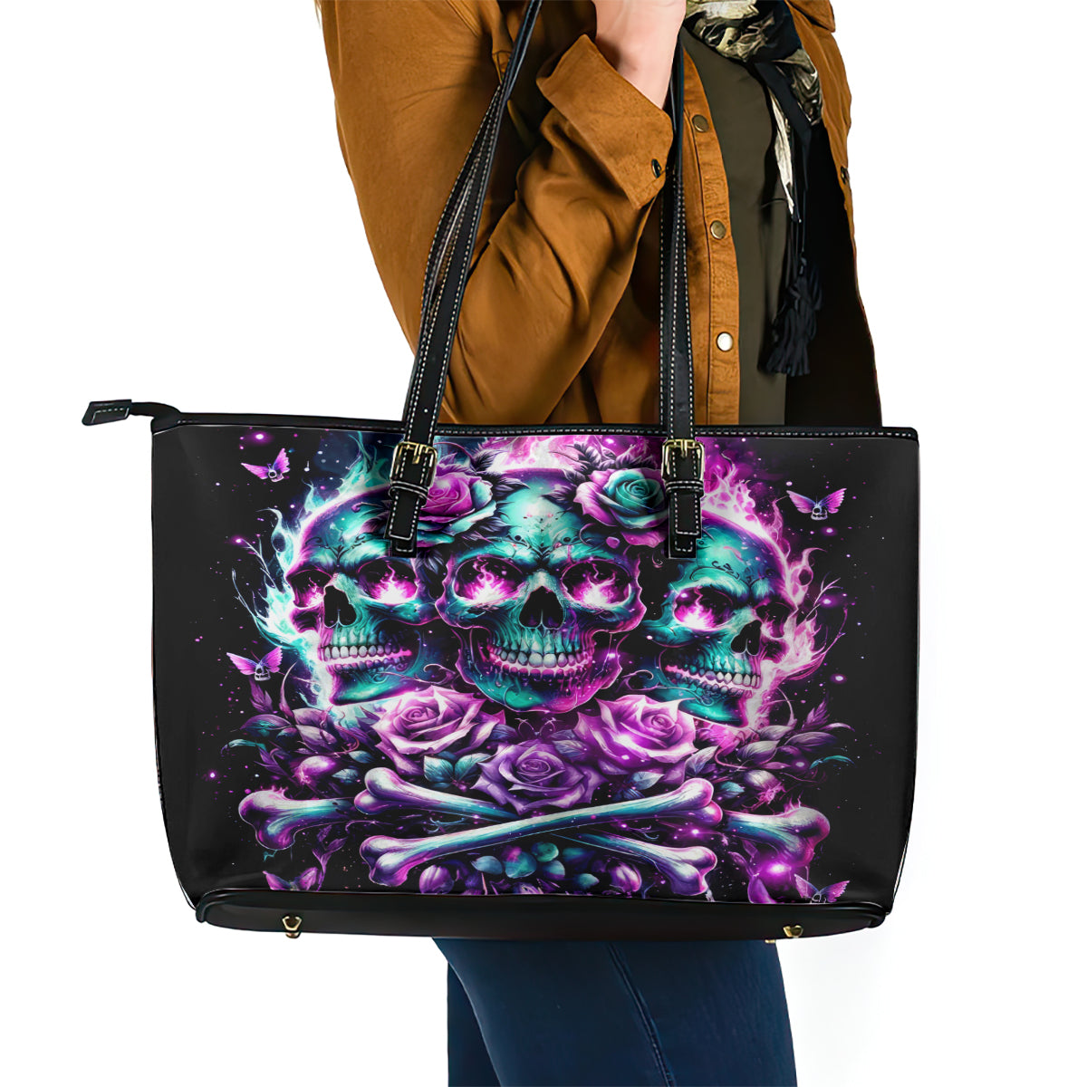 Rose Skull Leather Tote Bag Stuck Between IDK IDC And IDGAF DT01