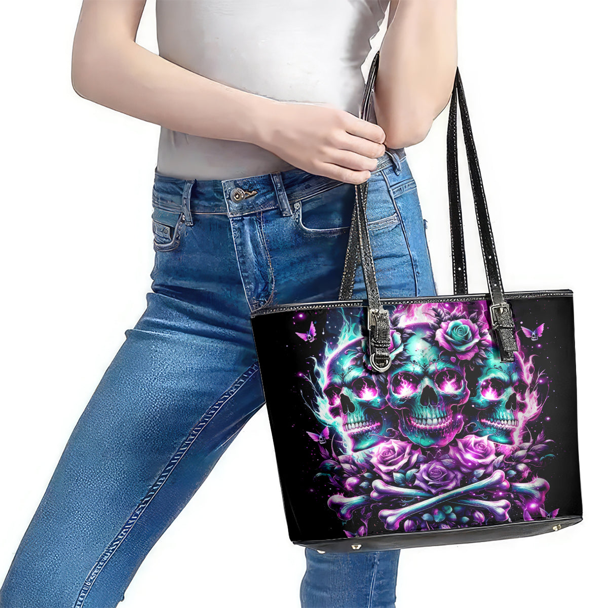 Rose Skull Leather Tote Bag Stuck Between IDK IDC And IDGAF DT01