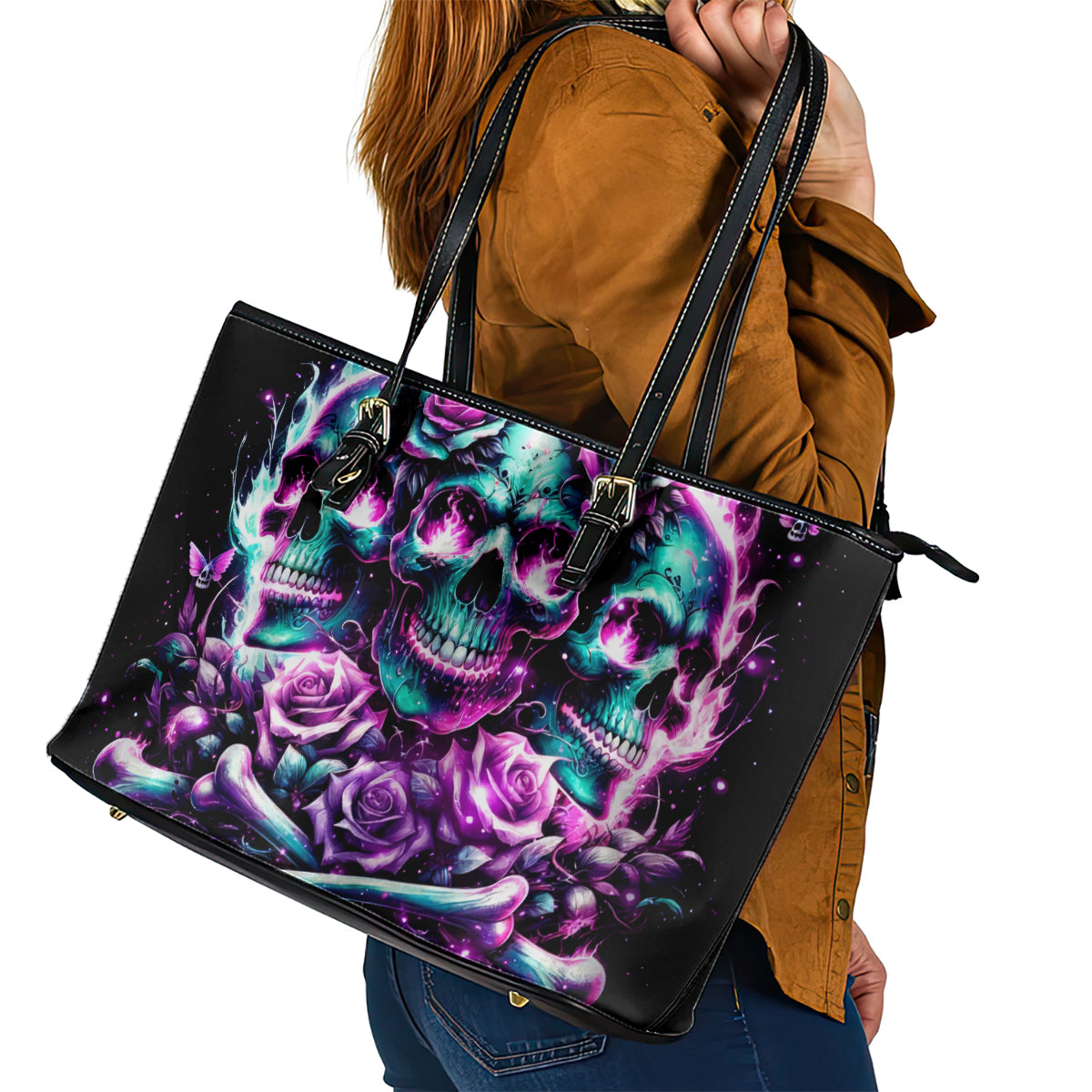 Rose Skull Leather Tote Bag Stuck Between IDK IDC And IDGAF DT01