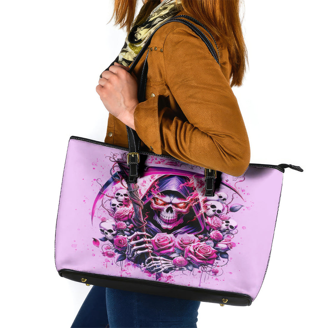Reaper Skull Leather Tote Bag Warning This Tattooed Girl Doesn't Play Well With Stupid People DT01